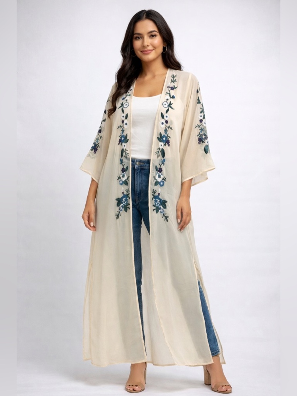✨Pink Blush Cream Sheer Embroidered Kimono Cardigan – Size S